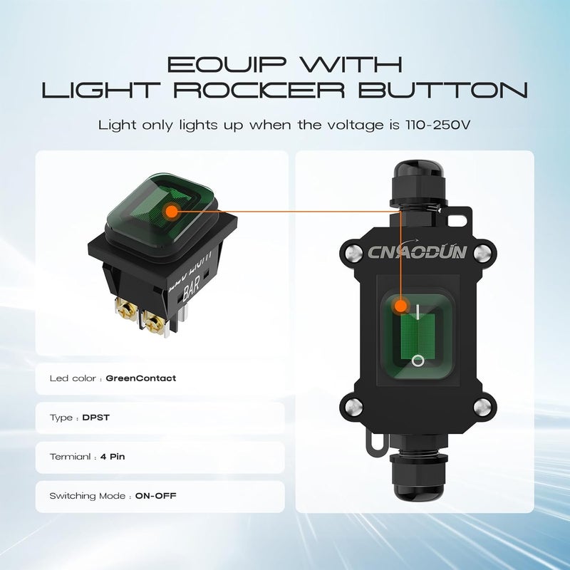 cnaodun Waterproof Inline Cord Switch 20A-125V,16A-250V AC On Off Toggle Switch with Green Light Rocker Button DPST Double Outlet Outdoor IP66 - Image 3